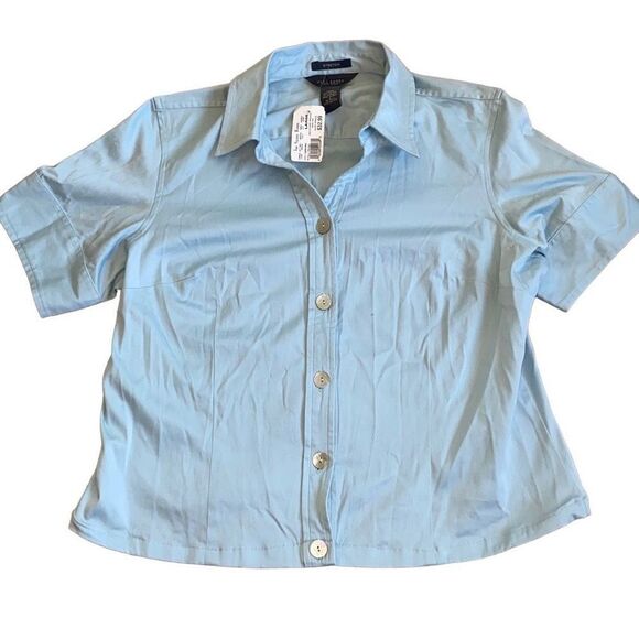Van Heusen 90s Deadstock Ladies Blouse Retro Light Blue W/ Abalone Buttons L - Picture 1 of 10